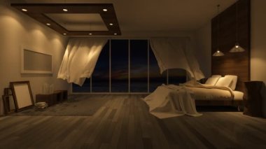 3D 'ler gün batımında deniz kenarında kör bir şekilde eserken görüntüler, denizden gelen rüzgarla savrulan beyaz kumaş perdeler. Sinema grafik biçimi