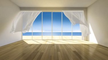 3D 'ler boş odada kör bir şekilde eserken görüntüler, denizden gelen rüzgarla savrulan beyaz kumaş perdeler, beyaz beton duvar ve ahşap zemin. Sinemagraf tarzı. Deniz manzaralı boş oda