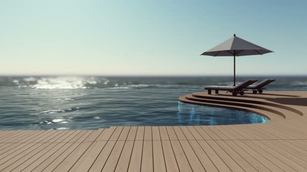 Rendering Filmati Ombrellone Bianco Lettini Legno Sulla Terrazza Sfioro Piscina — Video Stock