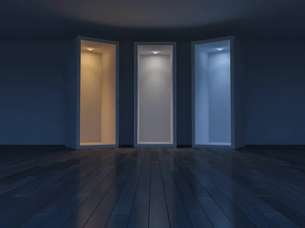 光の効果が異なる3つのボックスの3Dレンダリング画像 色温度スケール コンクリートの壁や木製の床のスペクトルカラーは — ストック写真