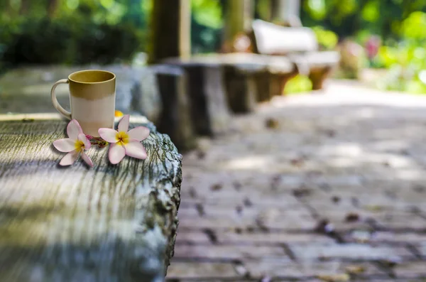 Coffee cup on concrete seating — Stock Photo, Image