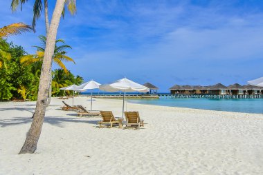 beyaz şemsiye ve sahilde ahşap kanape