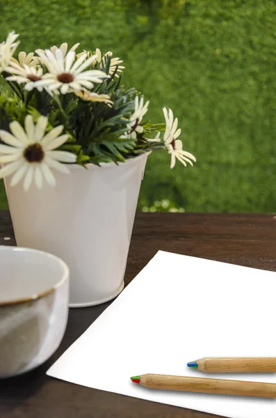 Blank paper and color pencil and coffee cup — Stock Photo, Image