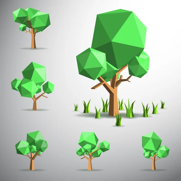 Vecteur, Bas polygone arbre 3D et herbes — Image vectorielle
