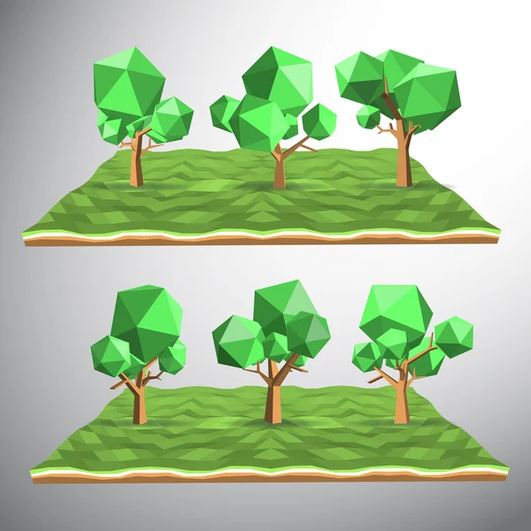 Vetor, árvore 3D de baixo polígono em terra e gramíneas —  Vetores de Stock