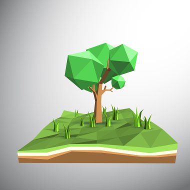Vektör, toprak ve bitkiler düşük çokgen 3d ağaç
