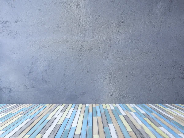 Drewniana podłoga 3ds i popękane ściany betonowe — Zdjęcie stockowe