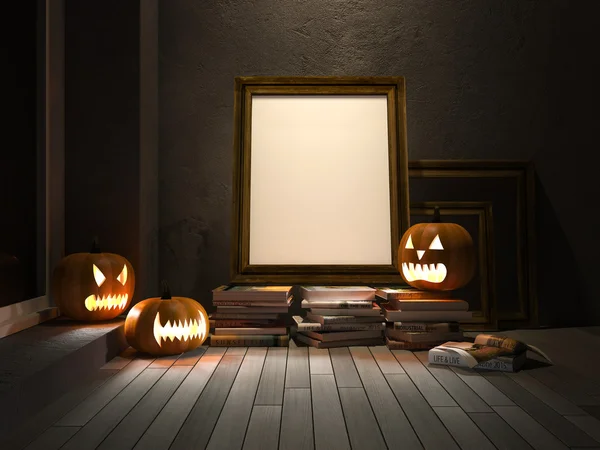 3D pumpkin heads and photo frame — Stock Photo, Image