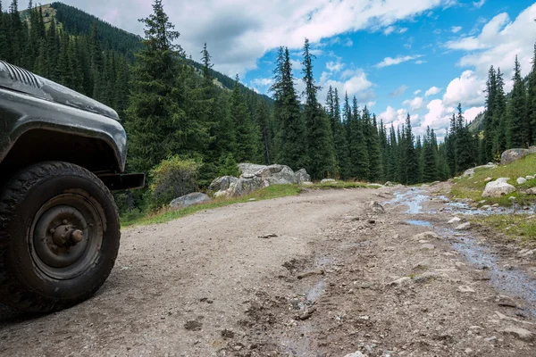 Offroad wheel and mountain road Stock Picture