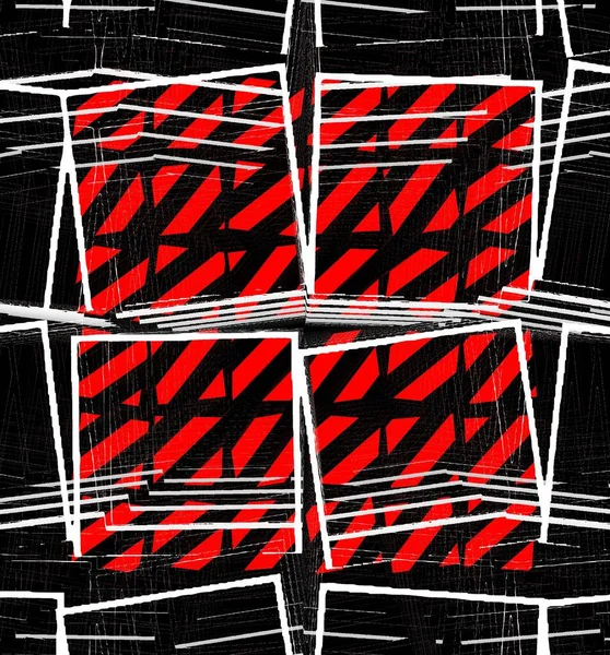 Vzor Design Mnoha Geometrických Ilustračních Čtverců Červenými Černými Diagonálními Pruhy — Stock fotografie