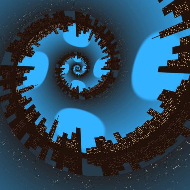  Şekiller ve soyut tasarımlar şekillendirilmiş şehir manzarası silueti alacakaranlıkta mavi ışığa karşı.