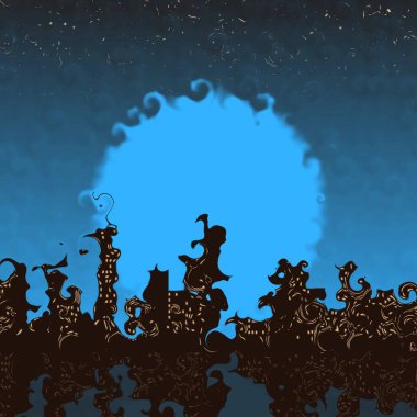  Şekiller ve soyut tasarımlar şekillendirilmiş şehir manzarası silueti alacakaranlıkta mavi ışığa karşı.