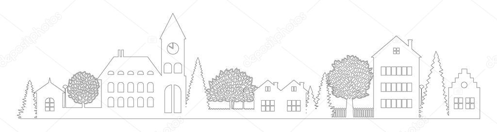 Small Town silhouette skyline horizontal banner black and white lineart vector with editable line width