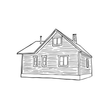 Elle çizilmiş köy evi çizimi. Beyaz arka planda izole edilmiş basit kır evleri
