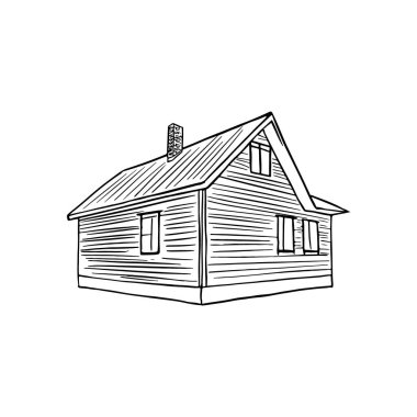 Elle çizilmiş köy evi çizimi. Beyaz arka planda izole edilmiş basit kır evleri