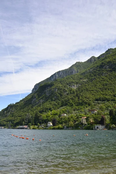 Vertikale Aufnahme des Comer Sees und des Hügels am Wasser, der mit grünen Zedernwäldern bedeckt ist — Stockfoto