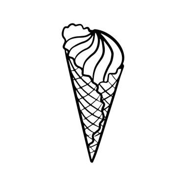 Çıtır waffle külahında yumuşak dondurmalı dondurma. El çizimi karalama.