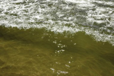 Yeşil deniz dalgası ve güneş ışığında beyaz köpük