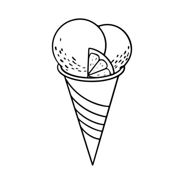 Palle di gelato in cono di cialda croccante. Schizzo di scarabocchio disegnato a mano — Vettoriale Stock
