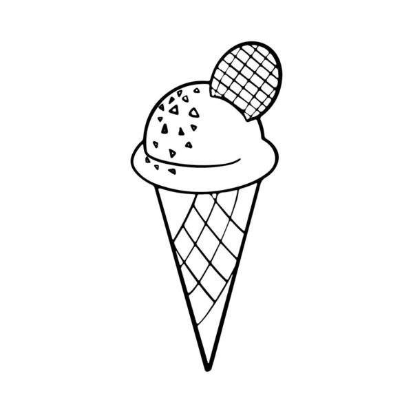 Ice cream balls in crispy waffle cone. Hand drawn doodle sketch — Stock Vector