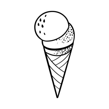 Dondurma topları gevrek waffle külahında. El çizimi karalama.