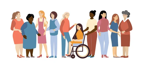 Farklı uluslar arası ve ırklar arası kadın grupları. Kızlar güç kavramı, feminizm fikirleri, kadın güçlendirme ve rol kartları tasarımı.