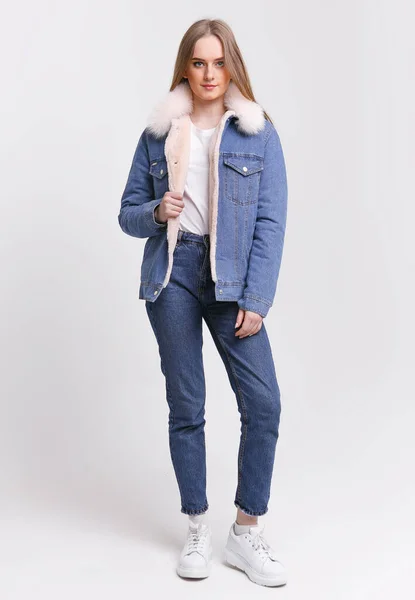 Young Woman Denim Suit Fur Collar White Background Clothing Advertising — Stock Photo, Image