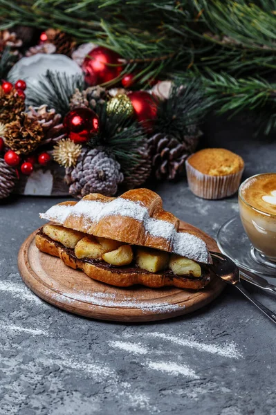 New Year Breakfast Croissants New Year Croissant Chocolate Baked Pineapple — Stock Photo, Image