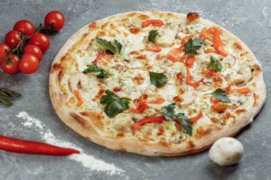 Domatesli tavuk mavisi pizza, mozzarella ve gri arka planda Dor Blue peyniri..