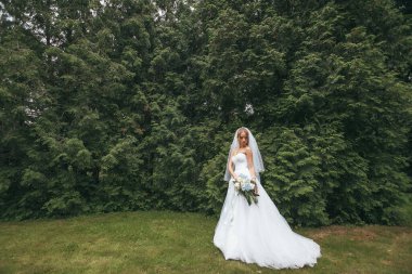 Muhteşem gelinlikli güzel gelin sokakta yeşillikler arasında poz veriyor. Kız reklam için gelinlik giymiş poz veriyor. Gelinlik reklamları için gelinlik konsepti.