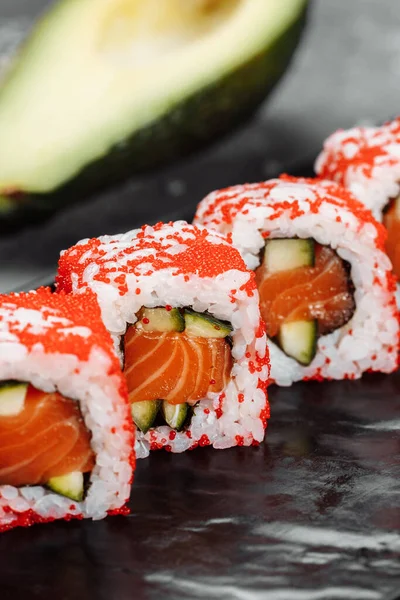 Kalifornie Sushi Styl Rolky Syrovou Zeleninou Jídlo Hranice Pozadí — Stock fotografie