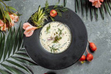 Geleneksel Rus soğuk çorbası kvass, okroshka jambon ve sebze, yiyecek..