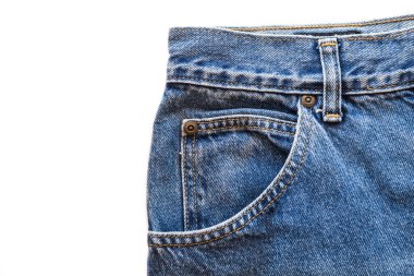 Beyaz izole arka planda ön cep ile kot kumaş. kopya alanı metin için