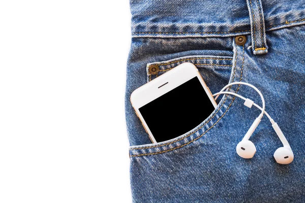 Senin cep Mavi Jeans ile kulaklık izole arka plan üzerinde beyaz smartphone