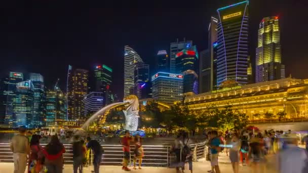 シンガポール2016年11月20日 日没と夕暮れ時の都市景観のタイムラプスメインライトカラーショーケース ビューマリーナベイとマーライオンのランドマーク — ストック動画