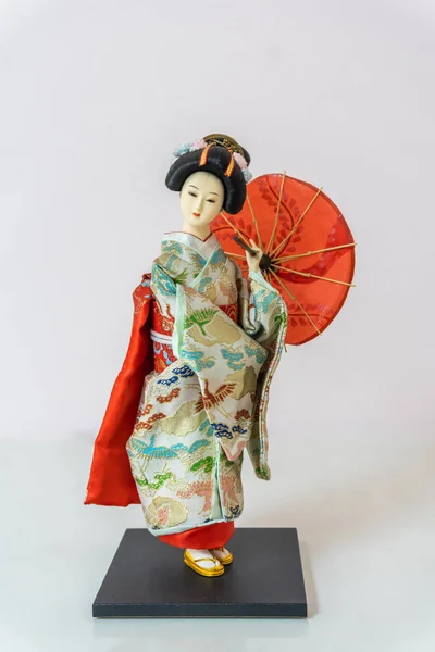 Ιαπωνική Κούκλα Κιμονό Hina Ningyo Κόκκινο Κιμονό Λευκό Φόντο Ιαπωνική — Φωτογραφία Αρχείου