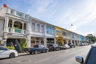 Phuket, Thailand - MAY 5, 2015 : Old building Chino Portuguese style Landmark in Phuket on May 5, 2015 in Phuket, Thailand. Old building is a very famous tourist destination of Phuket. clipart