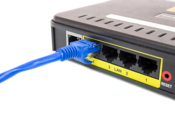 Close up LAN UTP RJ45 Cat5e connect to ADSL Router network switch — Stock Photo, Image