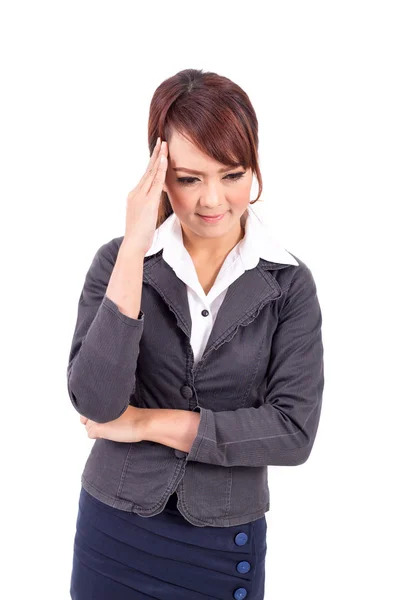 Retrato de cerca mujer de negocios infeliz, dolor de cabeza aislado sobre fondo blanco —  Fotos de Stock