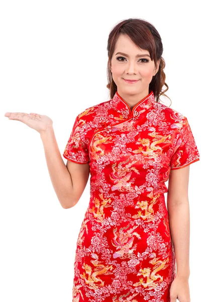 Asian Chinese girl greeting in Traditional Chinese, Welcome, Guest, chinese new year — Φωτογραφία Αρχείου