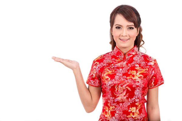 Asian Chinese girl greeting in Traditional Chinese, Welcome, Guest, chinese new year — Φωτογραφία Αρχείου