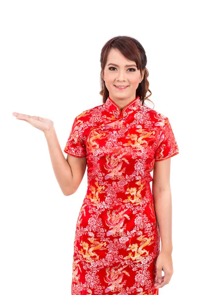 Asian Chinese girl greeting in Traditional Chinese, Welcome, Guest, chinese new year — ストック写真