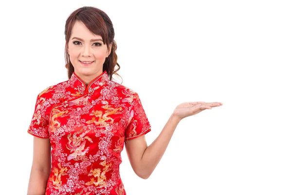 Asian Chinese girl greeting in Traditional Chinese, Welcome, Guest, chinese new year — Stockfoto