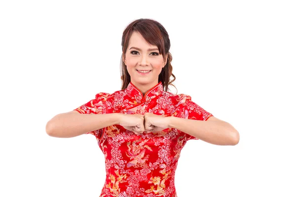 Азиатская китайская девушка поздравляет в традиционном китайском, китайском новом году — стоковое фото