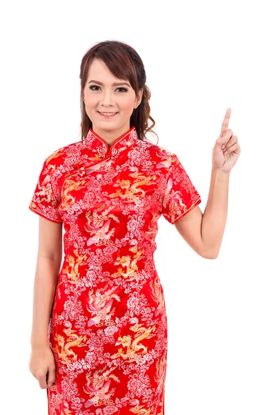 Asian Chinese girl greeting in Traditional Chinese, Welcome, Guest, chinese new year — Stock Fotó