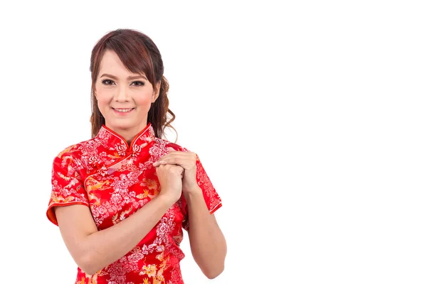 Азиатская китайская девушка поздравляет в традиционном китайском, китайском новом году — стоковое фото