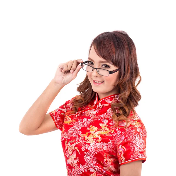 Asian Chinese girl wear or handle glasses in Traditional Chinese , chinese new year, enjoy, happy — Stock fotografie