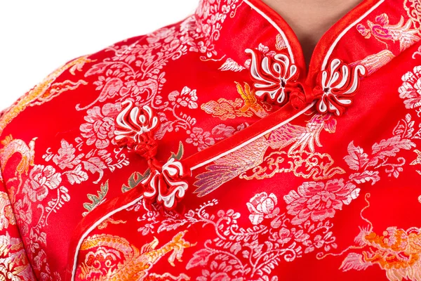 Kinesisk kvinna röd klänning traditionell cheongsam, närbild porträtt — Stockfoto