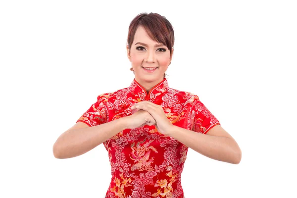 Азиатская китайская девушка приветствие в традиционном китайском, китайский новый — стоковое фото