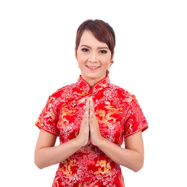 Asian Chinese girl greeting in Traditional Chinese, Welcome, Gue — ストック写真